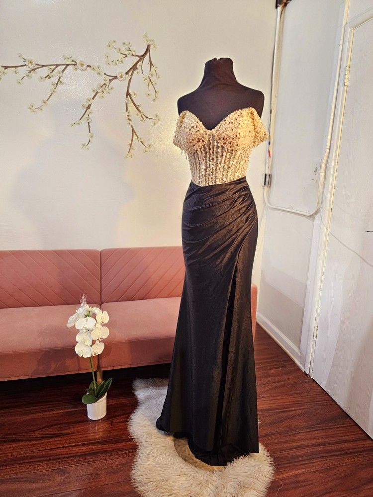GORGEOUS GOLD-BLACK OFF-SHOULDER BEADED CORSET BODICE PROM/ EVENING DRESS / PARTY DRESS