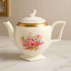 Royal China Sebring Ohio 1940s Teapot Floral Spray 22K Etch Gold, 4.5 x 7.25”