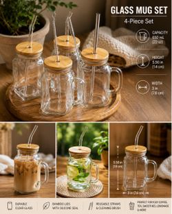 4 Glass Mugs Set with Bamboo Lids & Straws