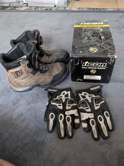 Icon motorcycle riding gear. Boots, gloves and elbow pads.