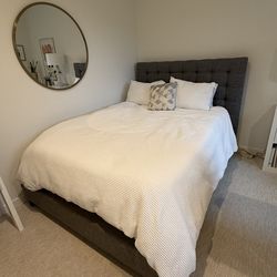 Tufted Queen Bed- medium grey, slate, 4” box spring and mattress included
