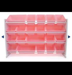 : (Retail $75.90) Humble Crew Charlotte Extra Large Toy Storage Organizer with 20 Storage Bins, 32 in. H x 51 in. W x 16 in. D, White and Pink