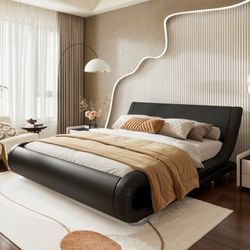 Full Size Bed Frame with Curved Adjustable Headboard, Faux Leather Upholstered Platform Bed, Black