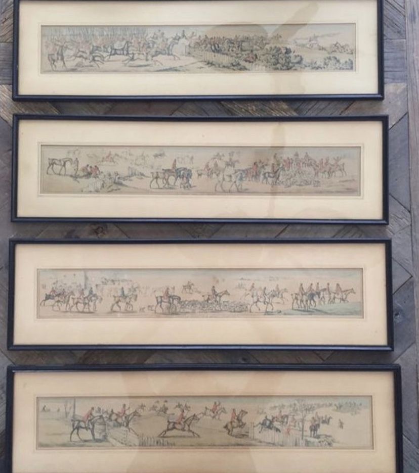 Set of 4 Wall Framed Antique Prints by Henry Thomas Alken 26 1/4” L x 7 1/2” W