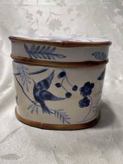 Blue & White Pottery Lidded Box With Birds And Foliage