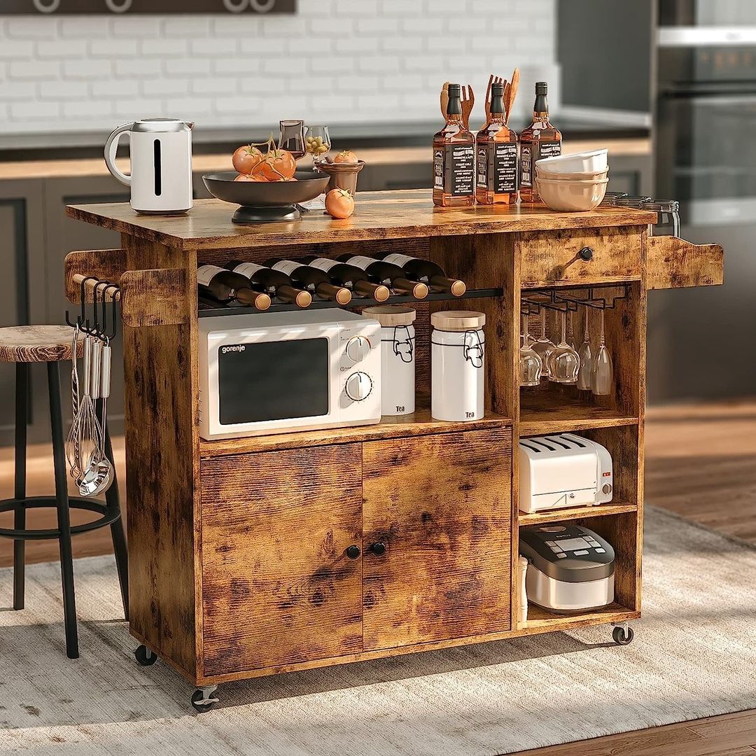 Rolling Kitchen Island Cart with Drop-Leaf and Wine Rack, Microwave Rack Serving Cart on Wheels