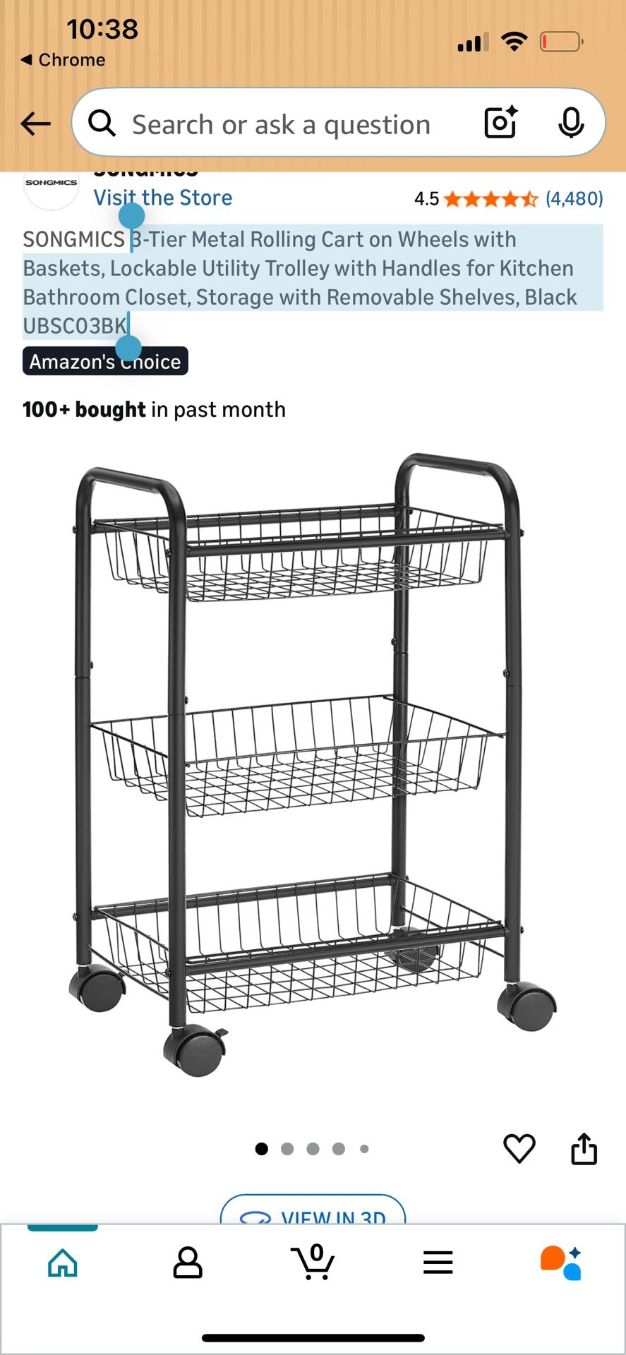 SONGMICS 3-Tier Metal Rolling Cart on Wheels with Baskets, Lockable Utility Trolley with Handles for Kitchen Bathroom Closet, Storage with Removable S