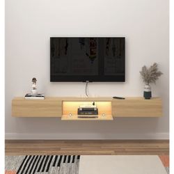 Brand New In The Box- Floating TV Stand with LED Lights, 63'' Wall Mounted TV Cabinet with Glass Door and 2 Drawers, Wooden Entertainment Media Consol