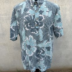 PreOwned Reyn Spooner Classic Blue Hawaiian Print 3/4 Button Men's XL