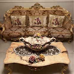 Six Piece Sofa, Love Two Chairs, Coffee Table 2 End Tables And Two Lamps Also Have Other French Provincial Items Mirror, Warwo Nightstands Very Unique