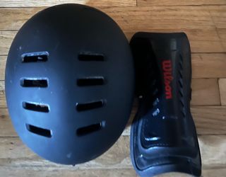 helmet and knee pads.