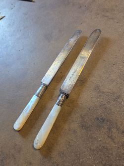 Pair of Antique Mother of Pearl & Sterling Silver Collared Knives