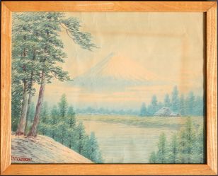 Mount Fuji Fujiyama vintage framed original watercolor painting by S. Mitsuhashi
