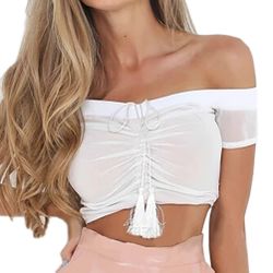 Off Shoulder Crop Top Ruched - One Size 