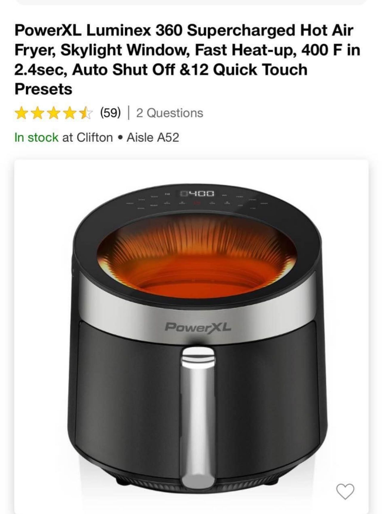 PowwerXL Luminex 360 Supercharged Hot Air Fryer, Skylight Window, Fast Heat-up, 400 F in 2.4sec, Auto Shut Off &12 Quick Touch Presets