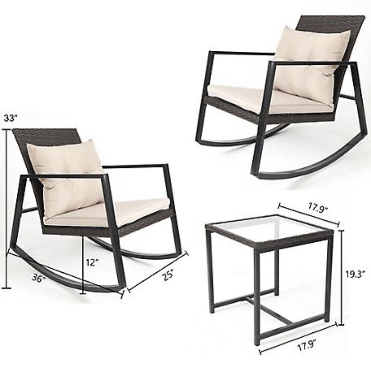 New 3-piece Iron and Wicker Rocker Patio Set with Cushions 