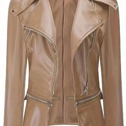 Tan Faux Leather Moto Jacket With Removable Hem Size L Fits Like A S/M