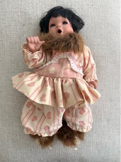 Vintage 1990s Expressive Porcelain Baby Doll - Bunny Outfit & Faux Fur Trim