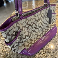 Coach Lg Park Signature Carrie F23297 Khaki & Purple Leather Tote Handbag