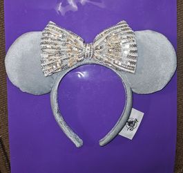 Official Disney Minnie Silver Ears w/ Silver and Gold Sequin Bow