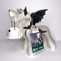 Halloween Schnauzer Dog Holding a Ghost Bucket in Bat Costume Decor Figure