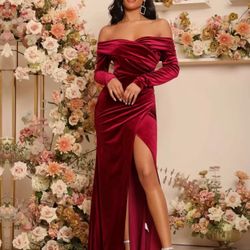 Off The Shoulder Split Thigh Cross Wrap Velvet Bridesmaid Dress