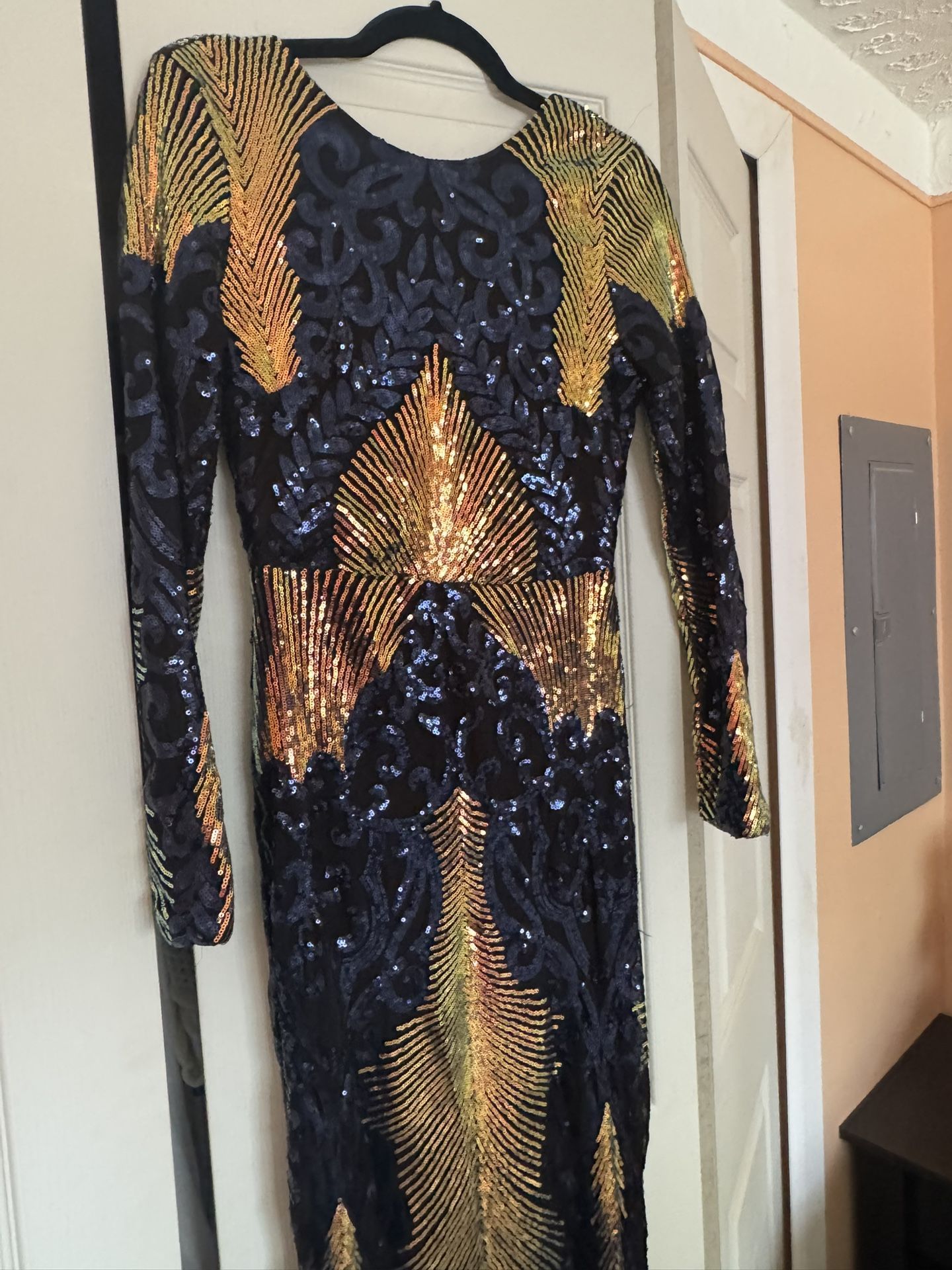 Sequined Navy Blue/Gold Evening Dress