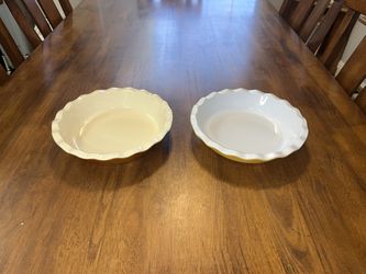 Set of Two (2) Emile Henry 10.5" Brown & Yellow Ruffled Rim Deep Ceramic Pie Pans Made in France