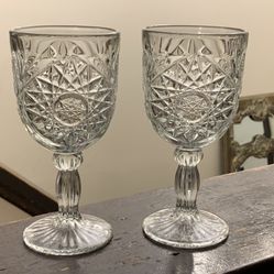 Star Burst Design Ribbed Stem Heavy Cut Glass 12 oz  Wine Or Water Goblets 