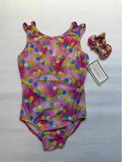 NWT Size 5 / 6 Destira Pink Polka Dot Metallic Gymnastics Leotard w/ Scrunchie