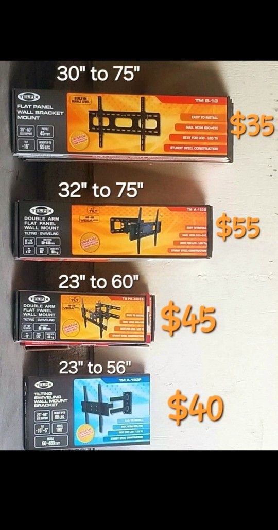 TV Wall mounts starting at $20 and up Brand New in Box Different Sizes and Models Available The Price Is Depending on The Size Of The Mount And the T