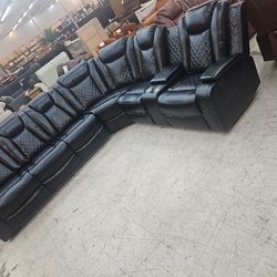 Leather Living Room Sectional Sofa Set in Black with LED Lights,USB Charger,and Storage Armrest