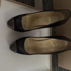 LOUBOUTIN MAGGIE 160 BURGUNDY LEATHER BLACK SUEDE METAL TOE PLATFORM PUMPS 38