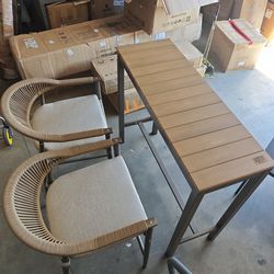 Assembled. Outdoor Bar Height Table and Chairs Set, 3 Piece Patio Pub Bar Set with 45" Slatted High Top Table and 2 Bar Stools for Balcony, Poolside, 