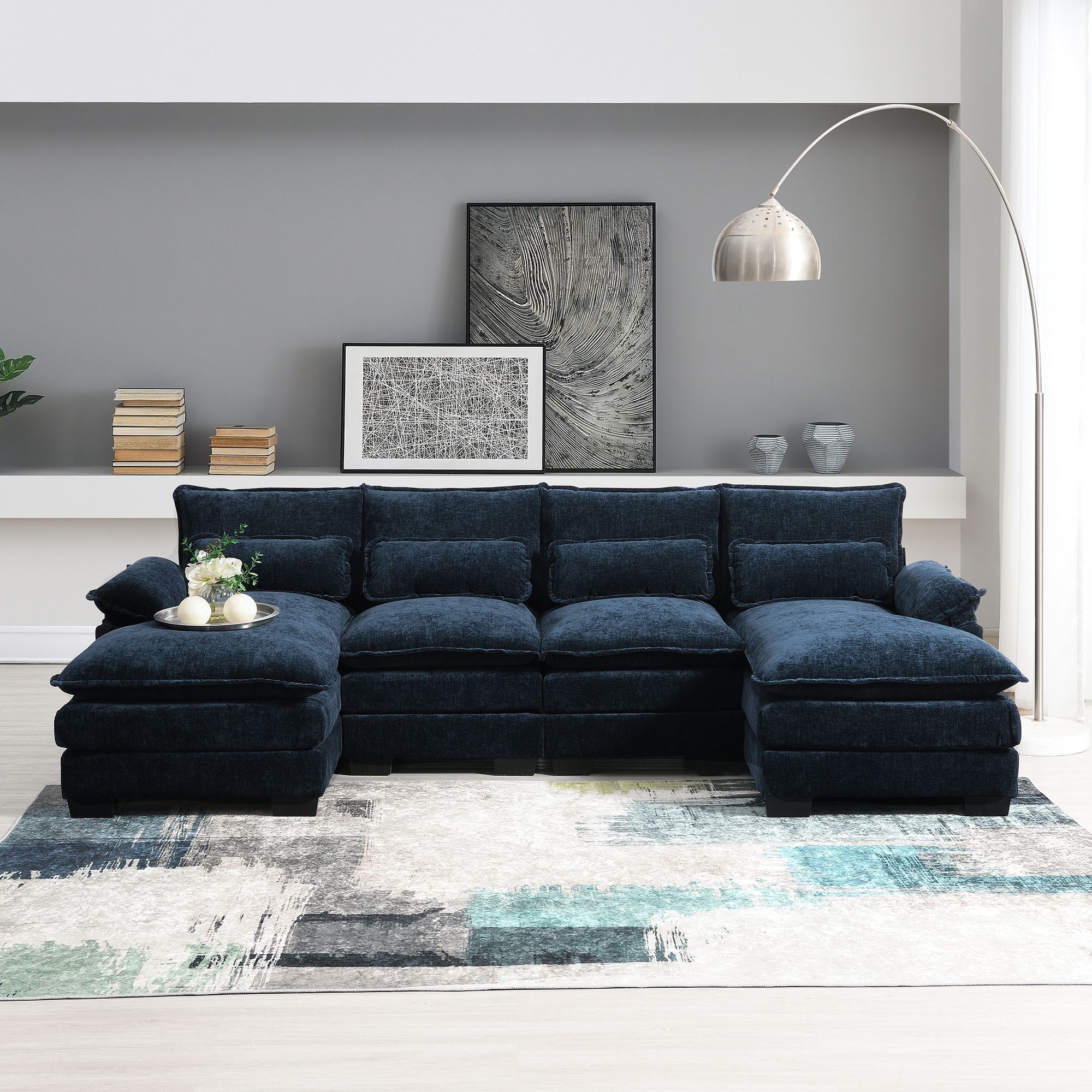 110*55 Modern U-shaped Sectional Sofa with Waist Pillows,6-seat Upholstered Symmetrical Sofa Furniture,Sleeper Sofa Couch with Chaise Lounge for Livin
