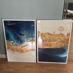 Set of 2 blue gold nature picstures with frame