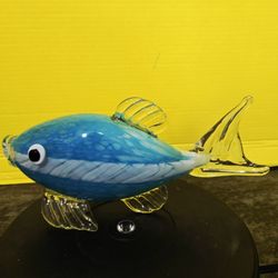 Vintage Blue Glass Fish Handblown Art Glass Coastal Decor 11"×6"