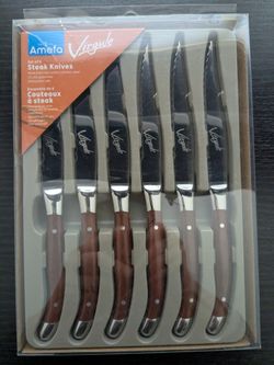 "Amefa" Virgule 6pc Steak Knife Set, Silver Hight Quality Stainless Steel Blades, New 