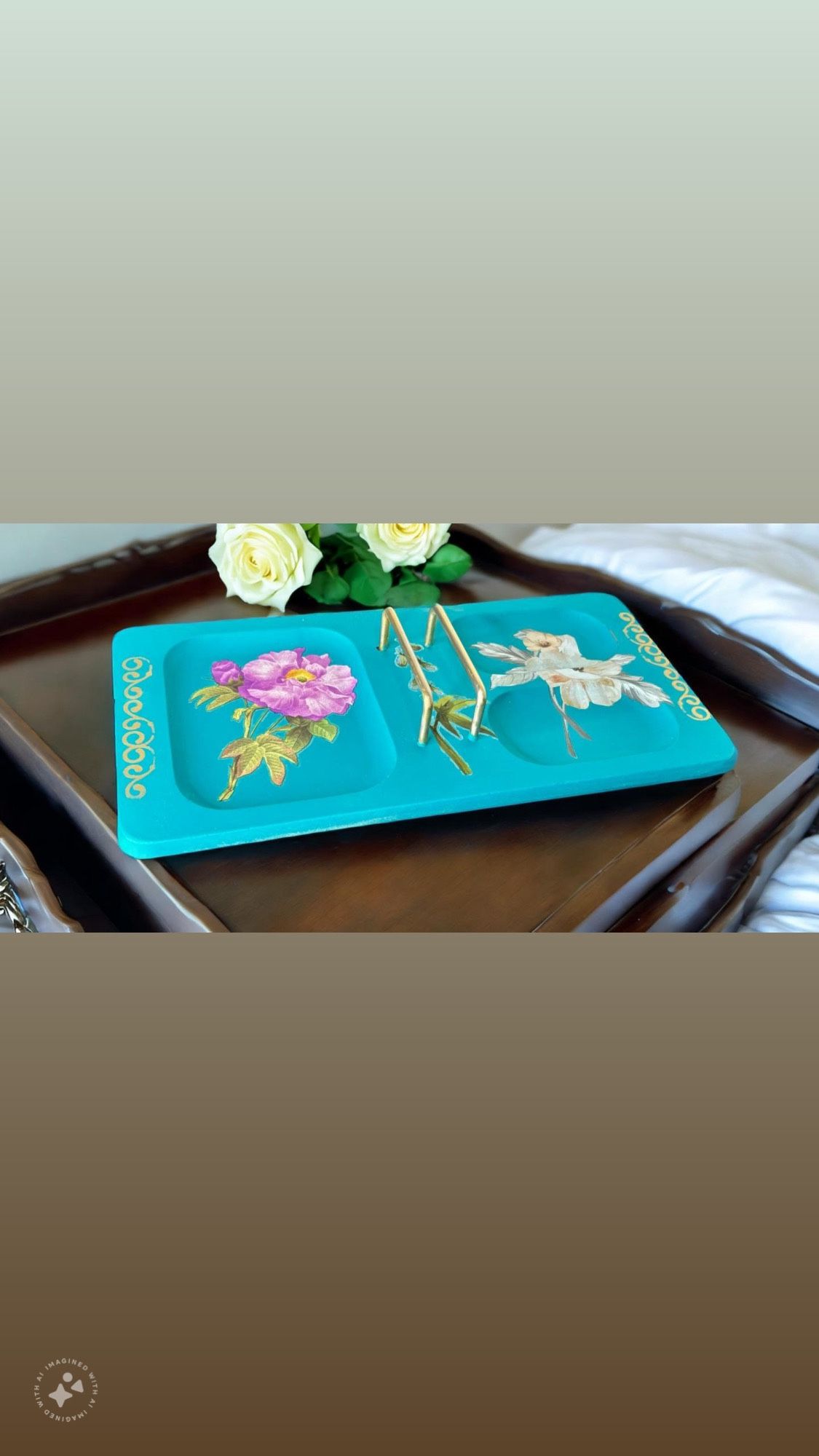 Turquoise Floral Painted Vintage Jewelry Valet Tray