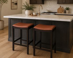 Modern Counter Stools – Cognac Leather Look Seats – Set of 2