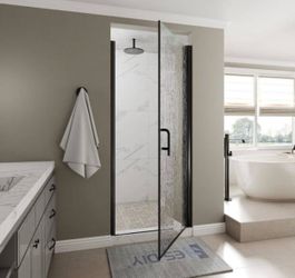 32-34 in. W x 72 in. H Semi-Frameless Pivot Shower Door in Black with Rain Glass