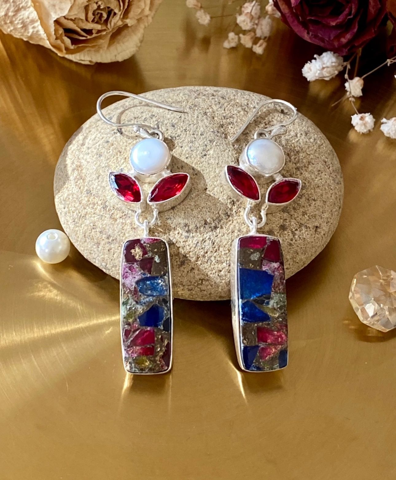 Spiny Copper Mix Stone, Garnet And Biwa Pearl 925 Sterling Silver Overlay Earrings