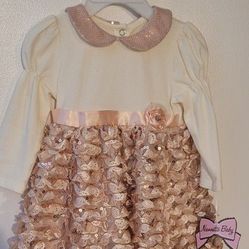 Nanette Baby 18M Pants &  Dress Toddler Upper Sequence Sheer Formal Tan Ribbon & Flower W/ Diamond At Waistline Long Gathered  Sleeves Sequence Collar