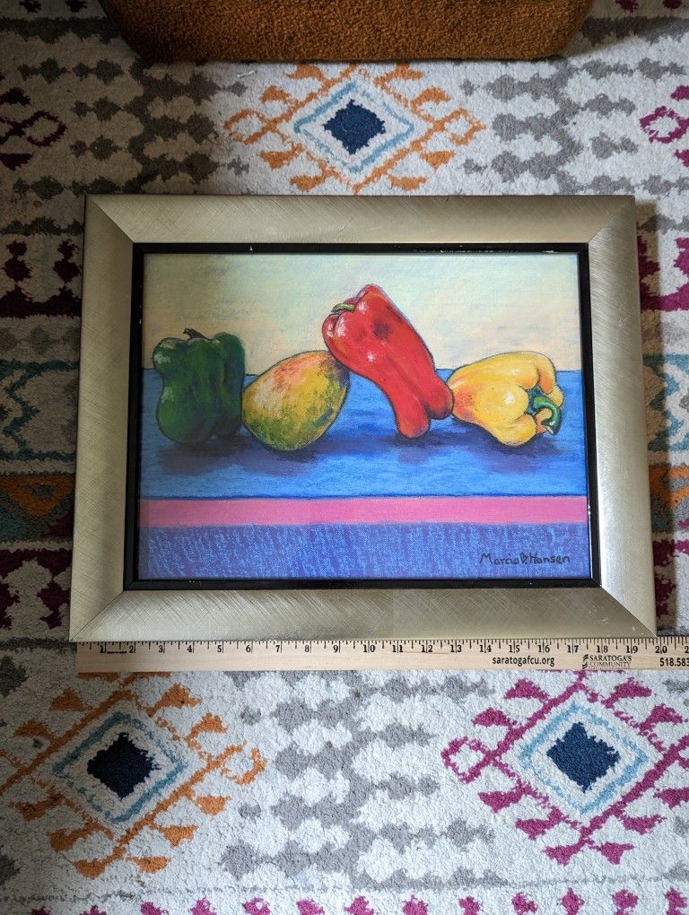 Three Peppers And A Mango Oil Pastel By Award Winning Artist Marcia B Hansen