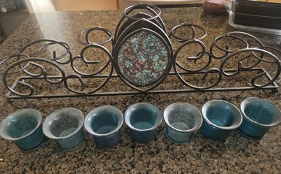 Teal Glass Candle Holder Centerpiece – 7 Cup Decorative Metal Stand