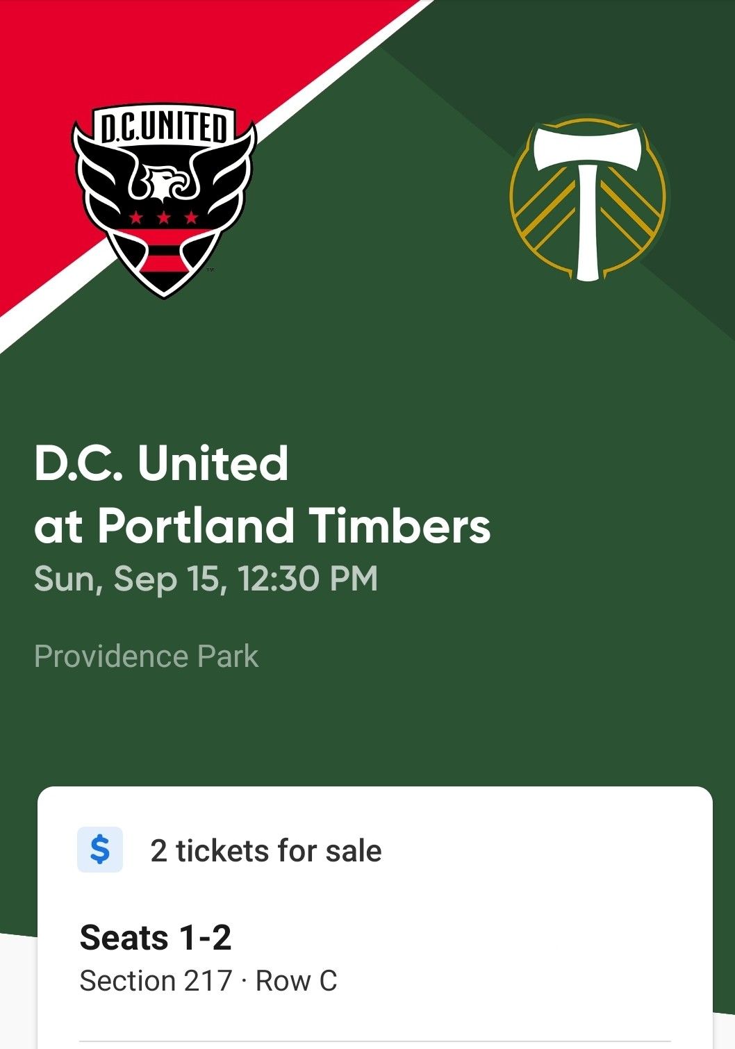 Timbers/DC United tickets Sunday 9/15