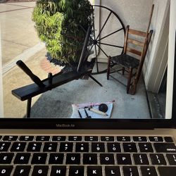 Antique Spinning Wheel, Chair And Broom