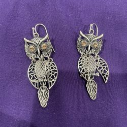 Silver Tone Owl 🦉 Pair Yellow Glazing Eyes Halloween Or Anytime