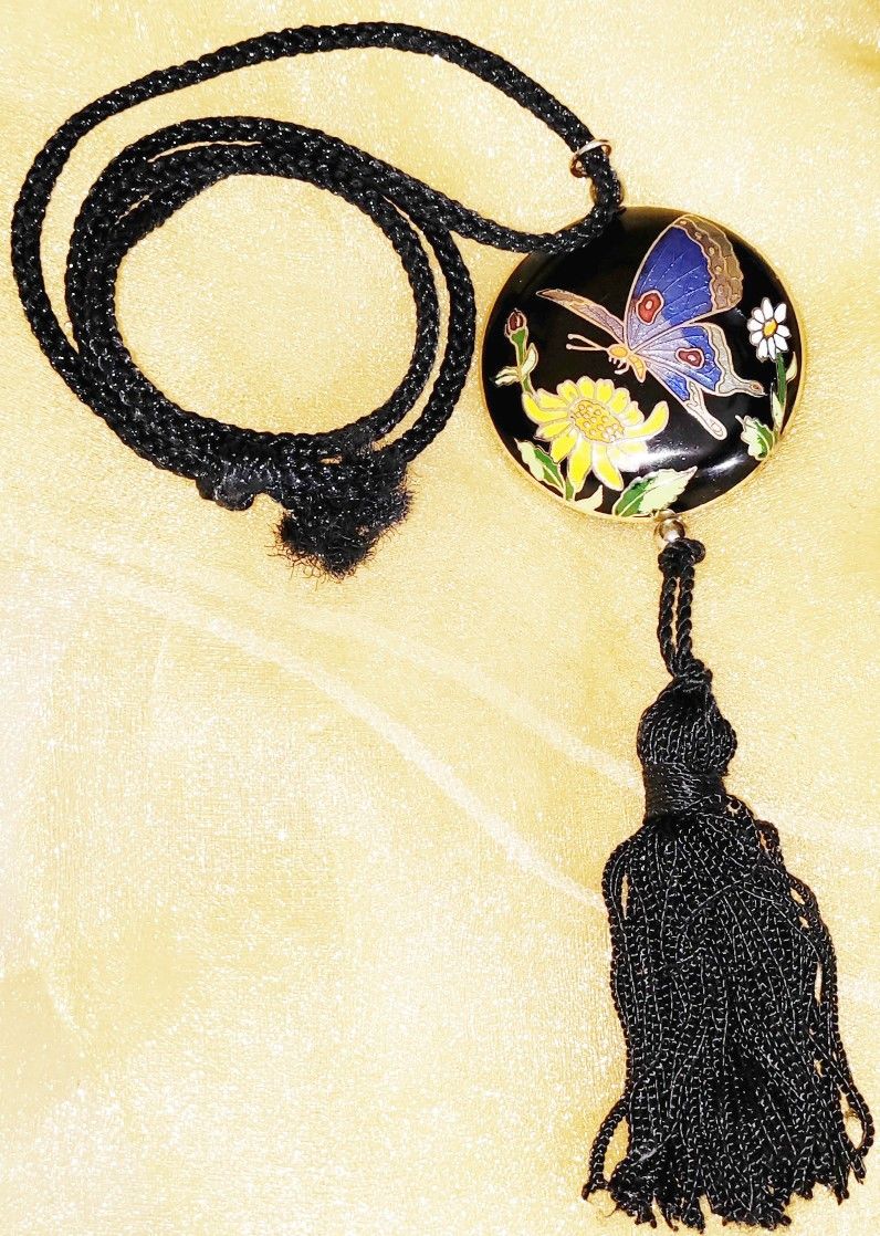 Vintage Cloisonne Necklace Large Butterfly Pendant