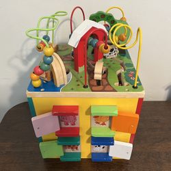 Wooden Activity Cube — Farm Theme Bead Maze Busy Box, Toddler Learning Toy